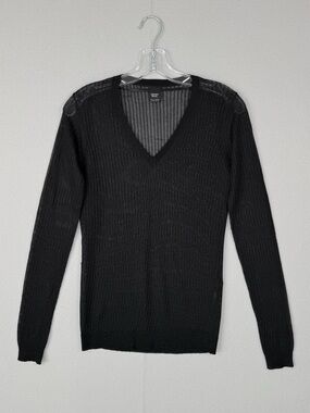 VTG ESPRIT Sheer V Neck Sweater XS Black Fine Knit Rave‎ EDM Y2K